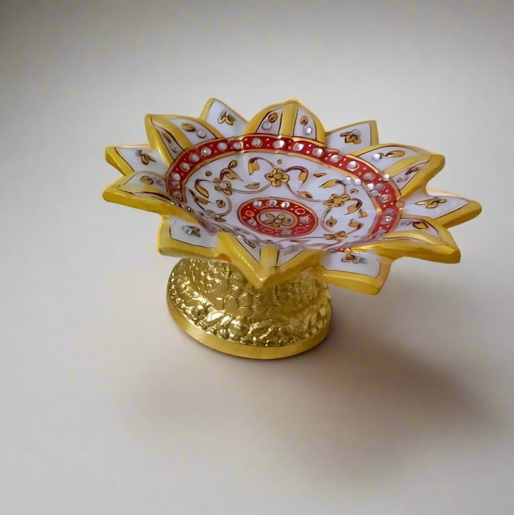white marble hand painted lotus urli bowl with golden metal stand for home décor